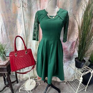 📌Vintage Square Neckline -  2/3 Floral Lace Sleeves Cotton Cocktail Swing Dress